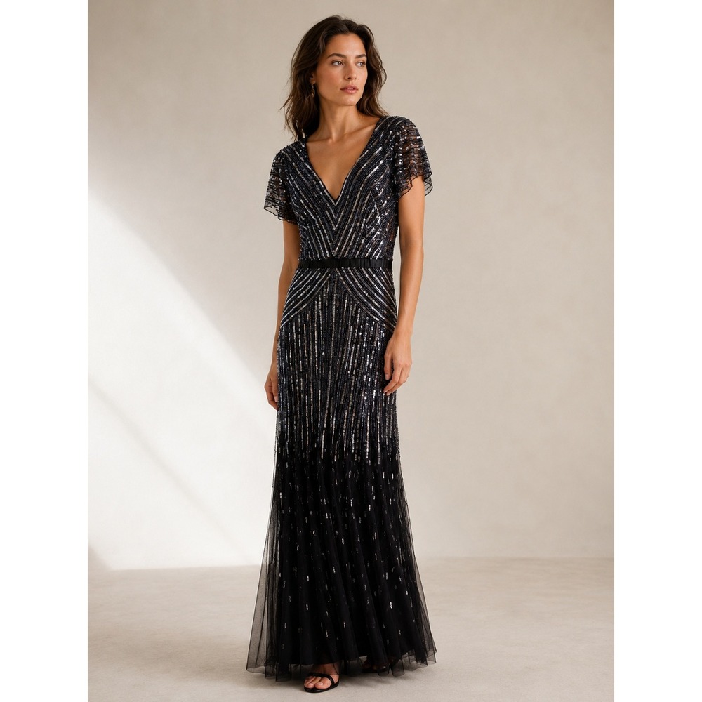 Adrianna Papell Gown Women 14 Navy Sequin Beaded Art Deco Maxi Dress Formal